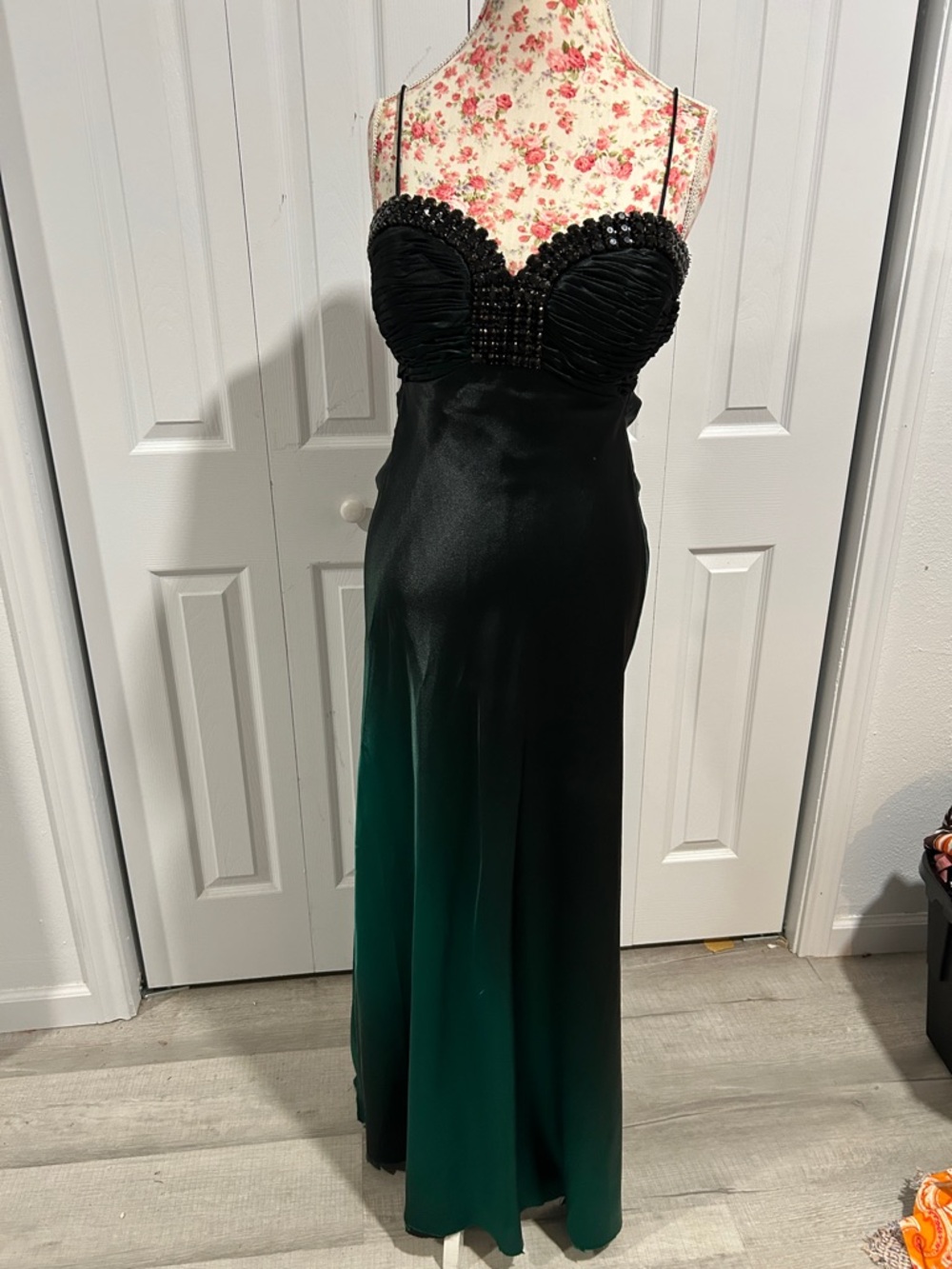 Black & Emerald Ombre Beaded Spaghetti-Strap Prom Dress